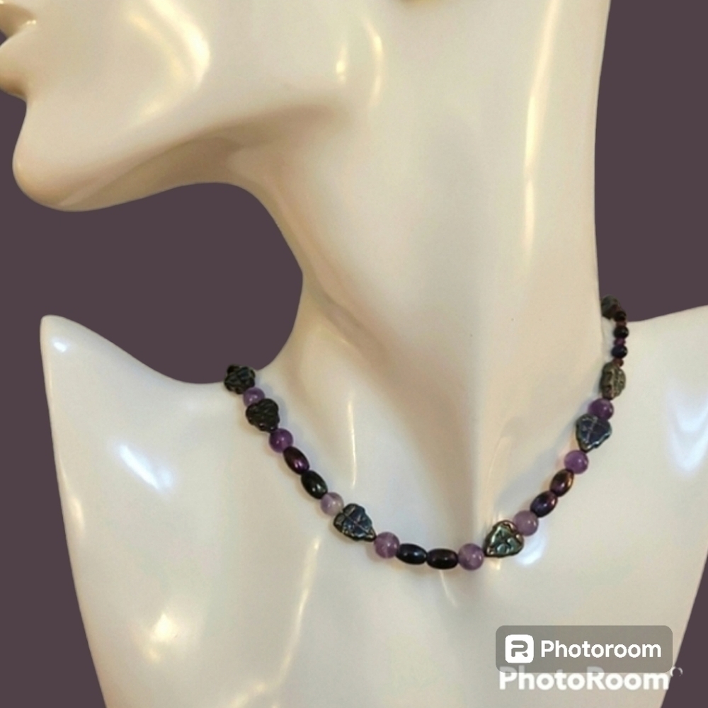 HANDMADE Amethyst Spindel Czech Glass Leaf Beaded Collar Necklace